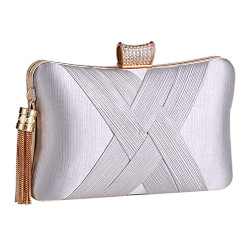 BAIGIO Carteras de Mano y Clutches con Fleco Borlas Bolso de Noche Vintage Retro para Seda Estilo Elegante para Mujer Boda Partido Fiesta Baile Ceremonia Fiesta de Coctel (Plata)