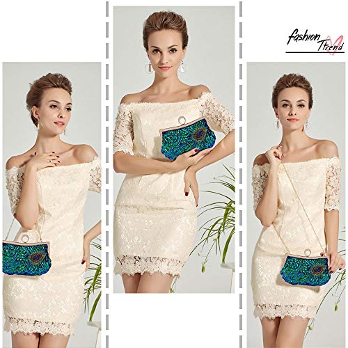 BAIGIO Clutch Mujer Fiesta Verde, Bolso de Noche Lentejuelas Pavo Real Bolso de Embrague Carteras de Mano Bandolera con Cadena para Ceremonia Boda Novia