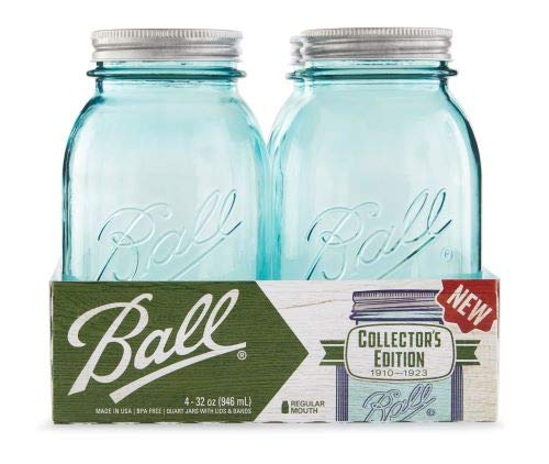 Ball Mason Jars - Tarros de cristal de color azul agua con boca regular de 946 ml, paquete de 4 con libro de recetas (idioma español no garantizado)