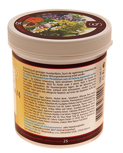 Bálsamo de caballo Forte de SwissMedicus refrescante y extrafuerte, de 500 ml, que contiene extractos de 25 hierbasConsuelda, castaño de Indias, enebro, árnica y eucalipto.