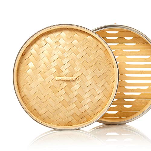 bambuswald© Vaporera de bambú con palillos y papeles de algodón - Cesta de vapor (Ø 25cm) de alta calidad para verduras carne pescado arroz comida asiática Dim Sum | Cesta para cocinar al vapor