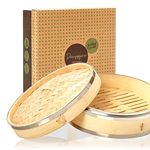 bambuswald© Vaporera de bambú con palillos y papeles de algodón - Cesta de vapor (Ø 25cm) de alta calidad para verduras carne pescado arroz comida asiática Dim Sum | Cesta para cocinar al vapor