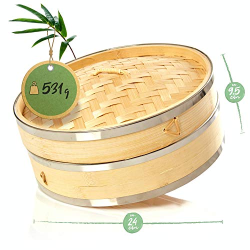 bambuswald© Vaporera de bambú con palillos y papeles de algodón - Cesta de vapor (Ø 25cm) de alta calidad para verduras carne pescado arroz comida asiática Dim Sum | Cesta para cocinar al vapor
