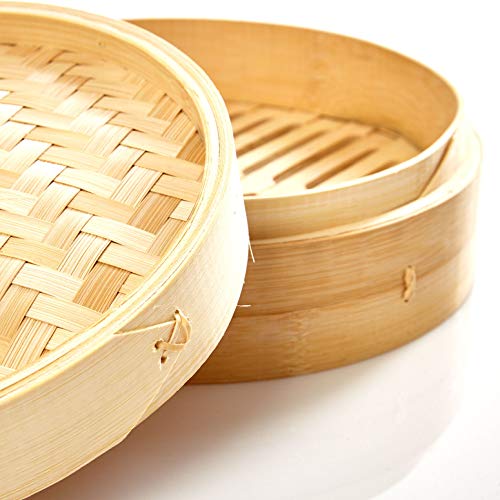 bambuswald© Vaporera de bambú de alta calidad - Ø 25 cm | Cesta de bambú - Cesta de vapor para carne pescado verduras arroz y Dim Sum | Recipiente tradicional para la cocción al vapor