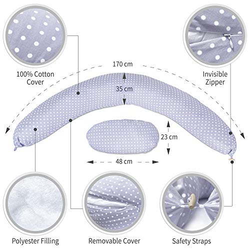 Bamibi® Almohada Embarazada y Cojín Interno Multifuncional, Cojín Lactancia Bebé, Cama Nido Bebé. Fundas de Algodón, Relleno de Poliéster. Protector Cuna, Lavable (Puntos)