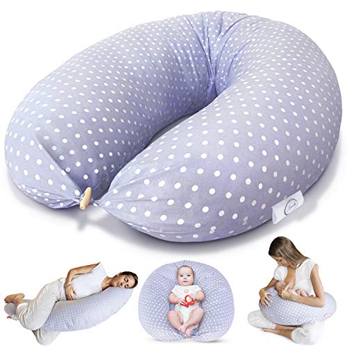 Bamibi® Almohada Embarazada y Cojín Interno Multifuncional, Cojín Lactancia Bebé, Cama Nido Bebé. Fundas de Algodón, Relleno de Poliéster. Protector Cuna, Lavable (Puntos)