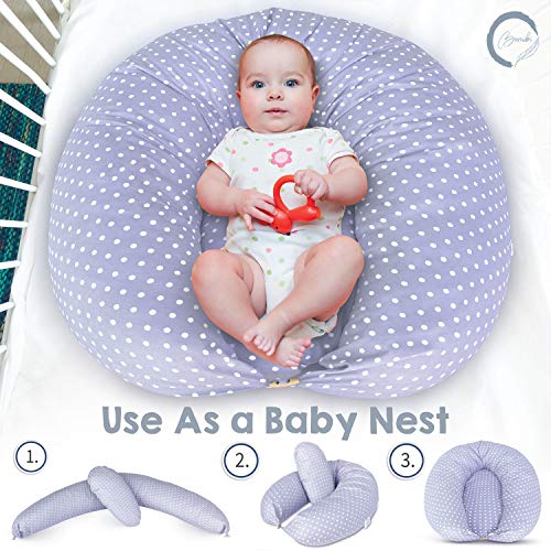 Bamibi ® Fundas Cojín Embarazo y lactancia Multifuncional, 100% algodón, removible y lavable (gris y puntos blancos)