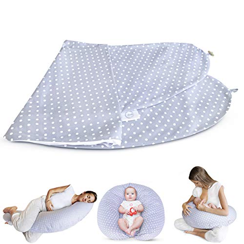 Bamibi ® Fundas Cojín Embarazo y lactancia Multifuncional, 100% algodón, removible y lavable (gris y puntos blancos)