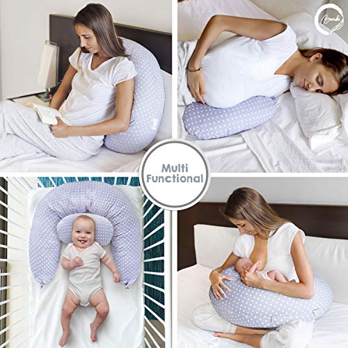 Bamibi ® Fundas Cojín Embarazo y lactancia Multifuncional, 100% algodón, removible y lavable (gris y puntos blancos)