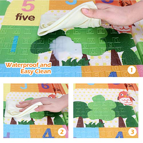 Bammax Alfombra de Juegos para Bebé Plegable, Colchoneta Infantil de Números y Dibujos Animados, Suelo Bebe de XPE, Alfombra de Doble Cara, Alfombra Impermeable, 177 x 197 cm,Grueso (1.5cm), No Tóxico