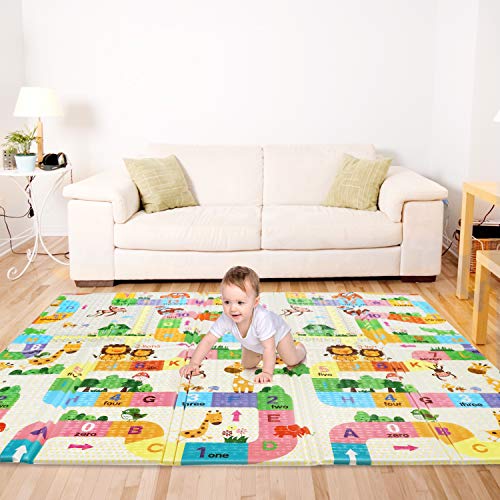 Bammax Alfombra de Juegos para Bebé Plegable, Colchoneta Infantil de Números y Dibujos Animados, Suelo Bebe de XPE, Alfombra de Doble Cara, Alfombra Impermeable, 177 x 197 cm,Grueso (1.5cm), No Tóxico