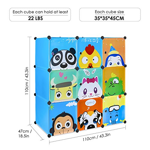 BAMNY Armario Modular Infantil Estantería Portátil para Guardar Ropa, Zapatos, Juguetes o Libros Organizador con Puertas y Perchas Decorados con Dibujos Animados (9 cubos, azul)