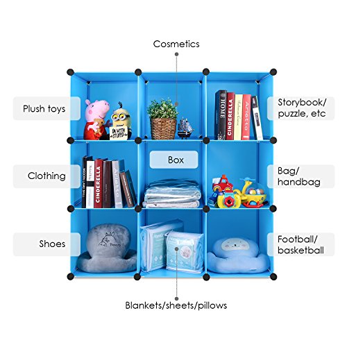 BAMNY Armario Modular Infantil Estantería Portátil para Guardar Ropa, Zapatos, Juguetes o Libros Organizador con Puertas y Perchas Decorados con Dibujos Animados (9 cubos, azul)