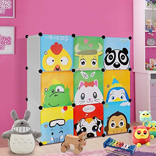 BAMNY Armario Modular Infantil Estantería Portátil para Guardar Ropa, Zapatos, Juguetes o Libros Organizador con Puertas y Perchas Decorados con Dibujos Animados (9 cubos, blanco)
