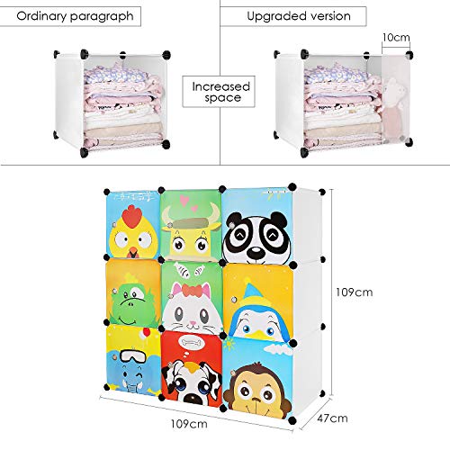 BAMNY Armario Modular Infantil Estantería Portátil para Guardar Ropa, Zapatos, Juguetes o Libros Organizador con Puertas y Perchas Decorados con Dibujos Animados (9 cubos, blanco)