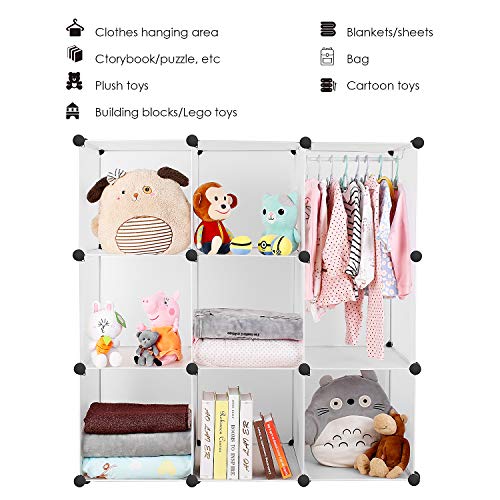 BAMNY Armario Modular Infantil Estantería Portátil para Guardar Ropa, Zapatos, Juguetes o Libros Organizador con Puertas y Perchas Decorados con Dibujos Animados (9 cubos, blanco)