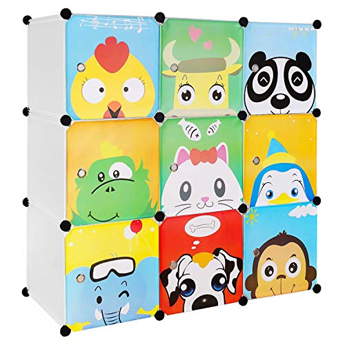 BAMNY Armario Modular Infantil Estantería Portátil para Guardar Ropa, Zapatos, Juguetes o Libros Organizador con Puertas y Perchas Decorados con Dibujos Animados (9 cubos, azul)