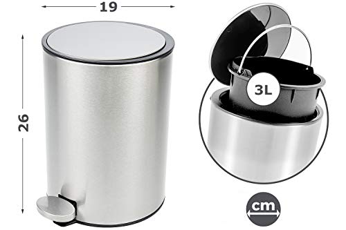Bamodi Cubo de Basura con Pedal Premium Pequeñas papeleras de baño, Aseo u Oficina - 3L - Papelera de baño de Acero Inoxidable con cesto extraíble - Sistema de Cierre Magic Silent