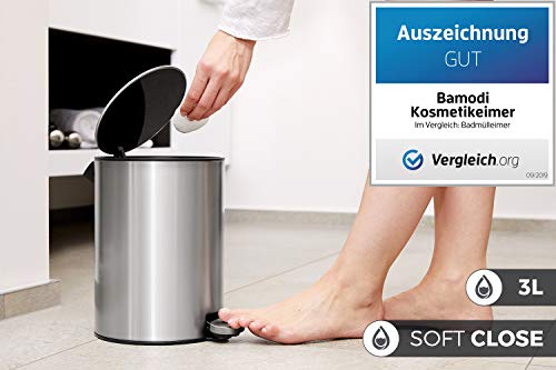 Bamodi Cubo de Basura con Pedal Premium Pequeñas papeleras de baño, Aseo u Oficina - 3L - Papelera de baño de Acero Inoxidable con cesto extraíble - Sistema de Cierre Magic Silent