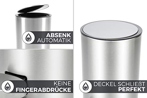 Bamodi Cubo de Basura con Pedal Premium Pequeñas papeleras de baño, Aseo u Oficina - 3L - Papelera de baño de Acero Inoxidable con cesto extraíble - Sistema de Cierre Magic Silent
