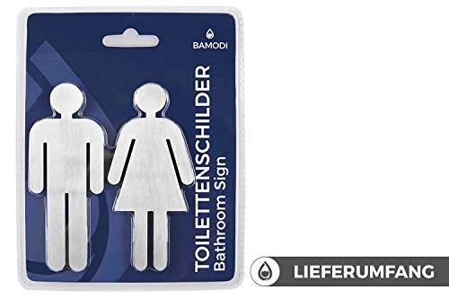 Bamodi Señales para Puerta WC Cartel de baño Mujer y Hombre – Set de Carteles para Aseo - Letrero Autoadhesivo de Acero Inoxidable de 5 x 11 cm – Fácil de aplicar - Señal de baño (1)