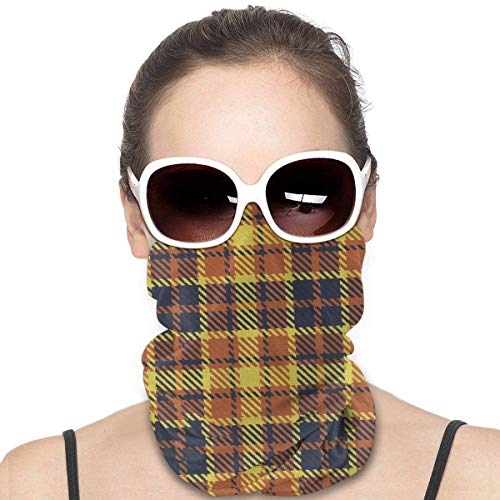 Bandana Face Head Wrap Scarf Headband Neck Warmer Gaiter Headwear Balaclava, Yellow Terra Cotta y Navy Bayeux Palette Plaid