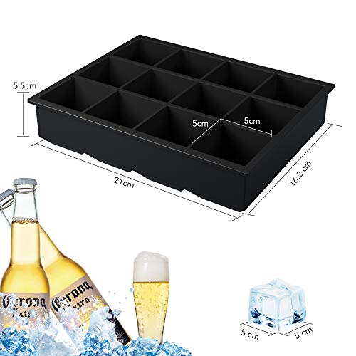 Bandeja De Hielo De Silicona, 2 Pc Cubitera Hielo Molde para Hielos con 12 Compartimentos, Bandeja de Cubitos de Hielo para Congelarse Alimentos para Bebés, Cócteles, Cola, Whisky (negro, 1 pack)