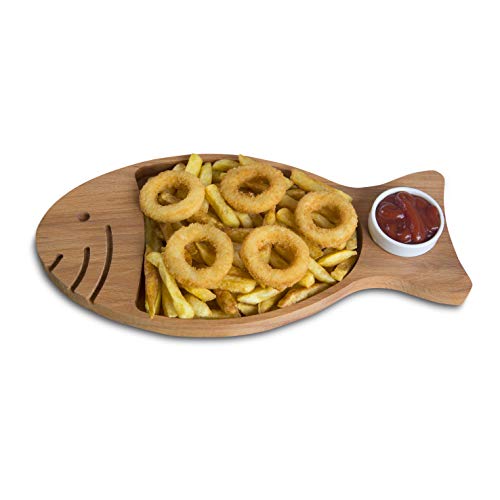 Bandeja para servir papas fritas y salsa, utensilios para servir con tazón de salsa de porcelana, refrigerio de madera orgánica, aperitivos, plato, hogar decorativo, accesorio de cocina (pescado)