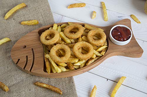 Bandeja para servir papas fritas y salsa, utensilios para servir con tazón de salsa de porcelana, refrigerio de madera orgánica, aperitivos, plato, hogar decorativo, accesorio de cocina (pescado)