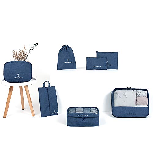 Baomasir - Juego de 7 piezas de bolsas de viaje, organizador de equipaje con bolsa para ropa, bolsa para zapatos, bolsa de cosméticos, bolsa de viaje (azul oscuro)