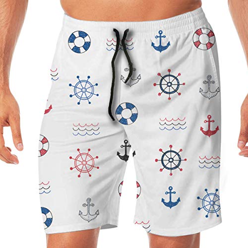 Baoziya Marine Elements Featured Lifebuoy Anchor Compass Sea Waves Kids Nursery Temas Modernos y bonitos pantalones cortos de playa para hombre, color blanco, cómodos y transpirables