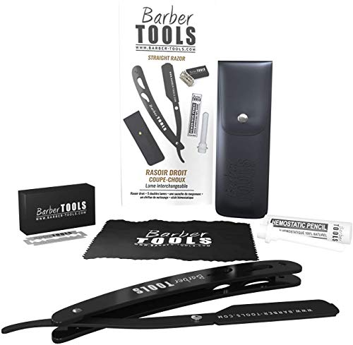 ✮ BARBER TOOLS ✮ Navaja de afeitar + Box 5 cuchillas de doble hoja + Paño de pulir + Almacenamiento Pu