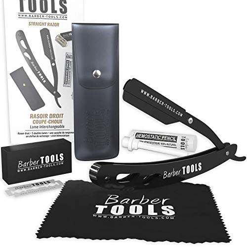 ✮ BARBER TOOLS ✮ Navaja de afeitar + Box 5 cuchillas de doble hoja + Paño de pulir + Almacenamiento Pu