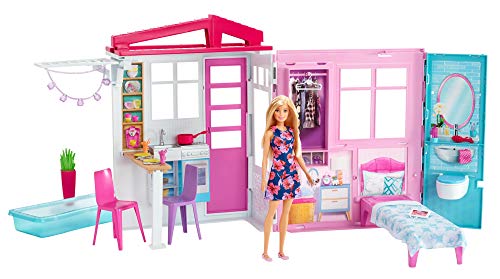 Barbie Casa portátil con piscina, casa de muñecas, edad recomendada 3 años y mas (Mattel FXG55)