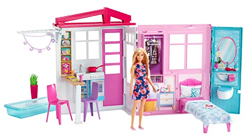 Barbie Casa portátil con piscina, casa de muñecas, edad recomendada 3 años y mas (Mattel FXG55)