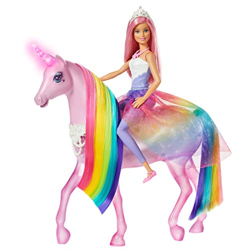 Barbie Dreamptopia Muñeca con pelo rosa y su unicornio luces mágicas (Mattel FXT26)