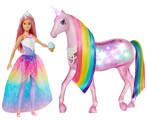 Barbie Dreamptopia Muñeca con pelo rosa y su unicornio luces mágicas (Mattel FXT26)