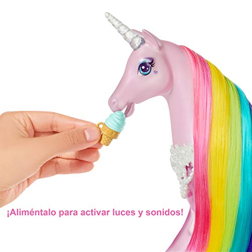 Barbie Dreamptopia Muñeca con pelo rosa y su unicornio luces mágicas (Mattel FXT26)