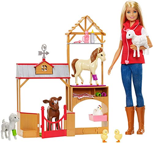Barbie Muñeca veterinaria Barbie en la Granja, incluye caballo, cabra, ternero, gallina, patitos, oveja y accesorios (Mattel GCK86)