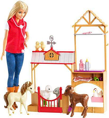 Barbie Muñeca veterinaria Barbie en la Granja, incluye caballo, cabra, ternero, gallina, patitos, oveja y accesorios (Mattel GCK86)