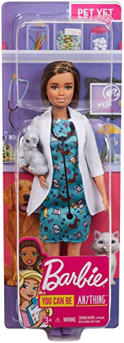 Barbie Quiero Ser muñeca veterinaria morena con bata médica, y gatito como paciente (Mattel GJL63)