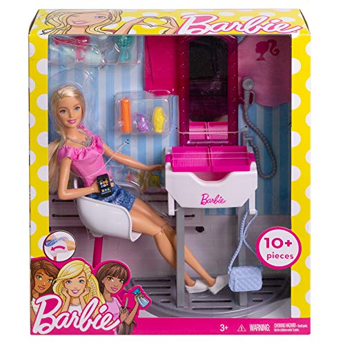 Barbie Quiero Ser peluquera, muñeca rubia con accesorios y su salón de belleza (Mattel FJB36)