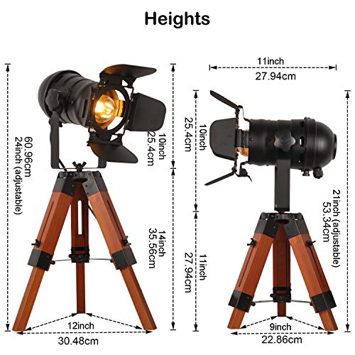 BarcelonaLED LV238 Lámpara de pie vintage con trípode de madera, diseño cine náutica industrial, foco proyector orientable negro, para bombilla E27, 67cm