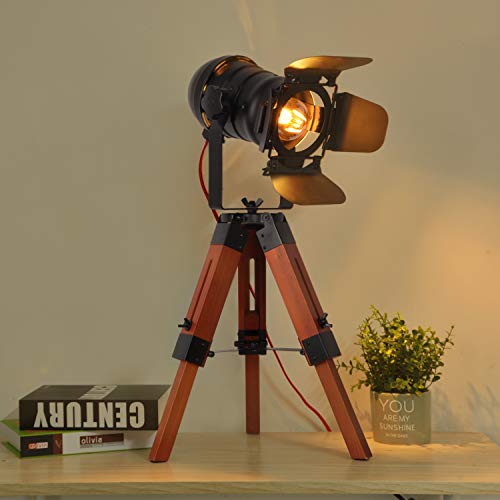 BarcelonaLED LV238 Lámpara de pie vintage con trípode de madera, diseño cine náutica industrial, foco proyector orientable negro, para bombilla E27, 67cm