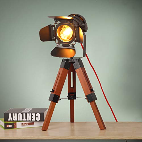BarcelonaLED LV238 Lámpara de pie vintage con trípode de madera, diseño cine náutica industrial, foco proyector orientable negro, para bombilla E27, 67cm