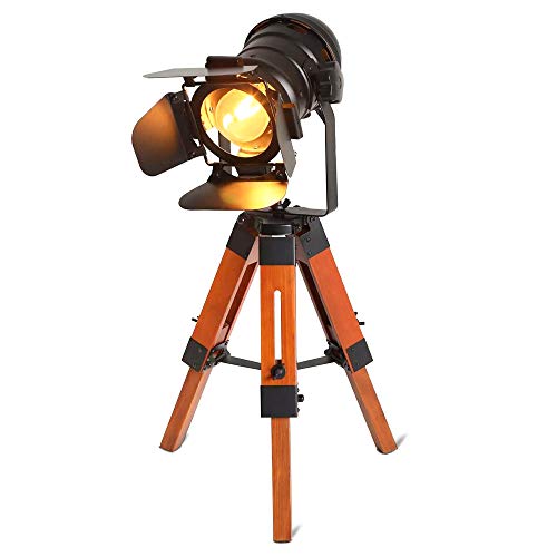 BarcelonaLED LV238 Lámpara de pie vintage con trípode de madera, diseño cine náutica industrial, foco proyector orientable negro, para bombilla E27, 67cm