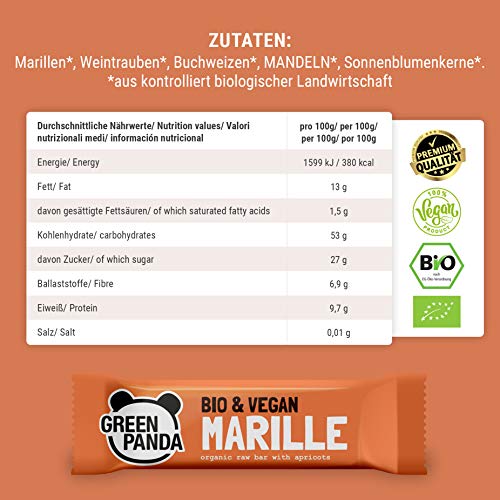 Barritas veganas, Snack Paleo vegano puro y con ingredientes orgánicos. Barritas energéticas 12x30 en una caja de Green Panda (3 sabores diferentes) (Albaricoque)