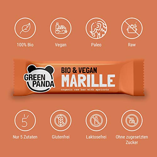 Barritas veganas, Snack Paleo vegano puro y con ingredientes orgánicos. Barritas energéticas 12x30 en una caja de Green Panda (3 sabores diferentes) (Albaricoque)