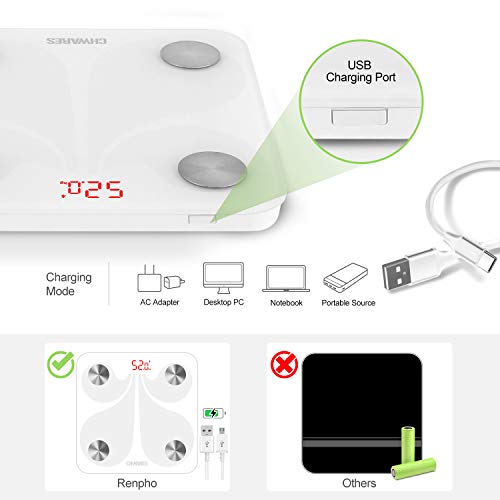Báscula digital de grasa corporal, carga por USB, báscula de baño con Bluetooth, con aplicación, báscula digital para analice,conversión de 3 unidades, báscula de grasa corporal inalámbrica,blanco