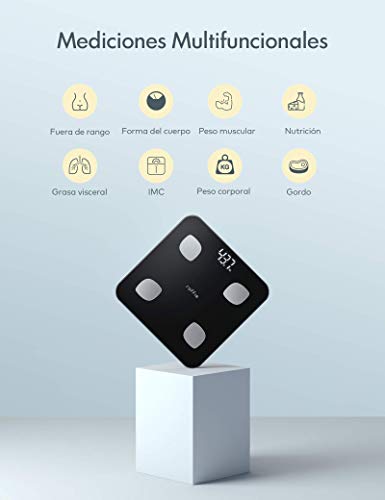 Báscula Grasa Corporal, Roffie Báscula de Baño Digital Báscula de Peso Inteligente con Indice de Grasa Corporal, Wireless Monitores de Composición Corporal Analizar 23 Funciones con APP Negro